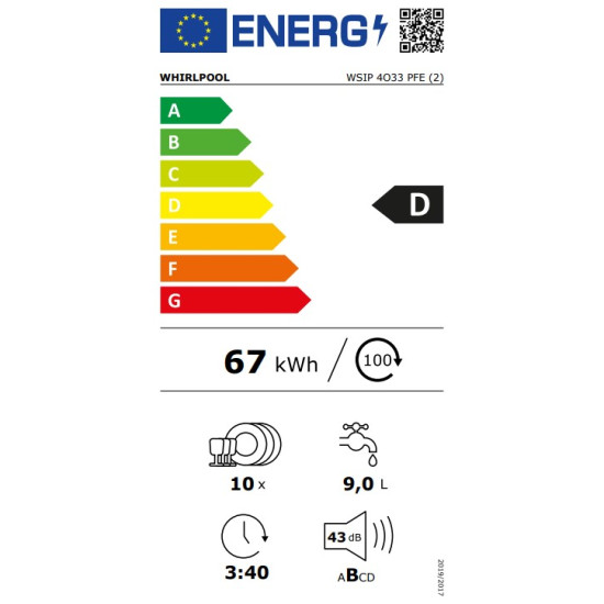 Whirlpool WSIP 4O33 PFE teljesen beépíthető keskeny mosogatógép,10 teríték,44.8x55.5x82cm