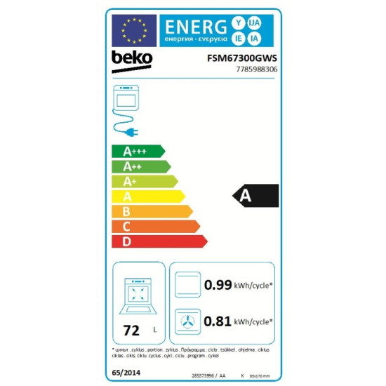 Beko FSM67300GWS kerámialapos tűzhely, 72L, 60x60x85 cm 