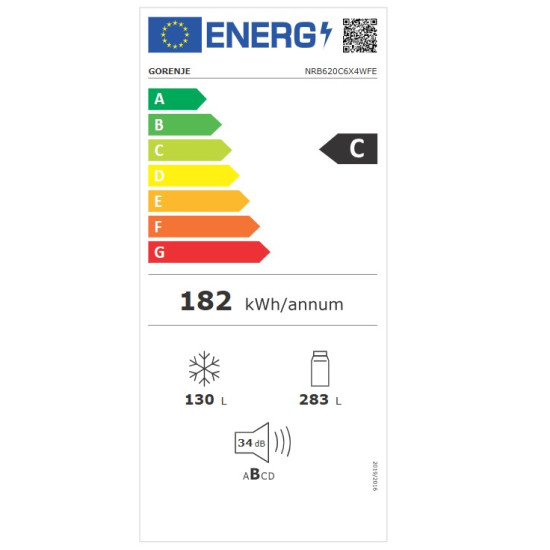 Gorenje NRB620C6X4WFE No Frost Plus alulfagyasztós kombinált hűtőszekrény, inverteres kompresszor, WIFI, 283/130L, 59.5x65.8x203 cm, inox 