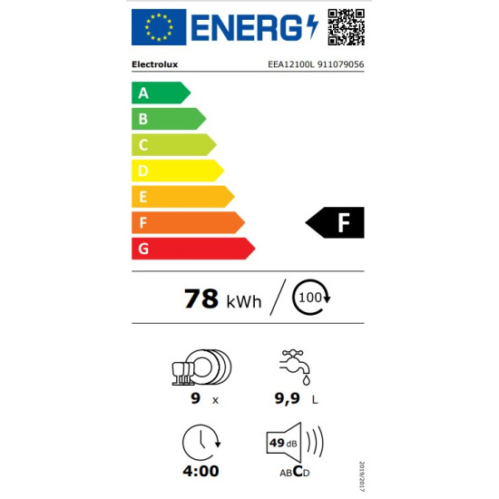 Electrolux EEA12100L teljesen beépíthető 9 terítékes keskeny mosogatógép,44.6x55x81.8cm