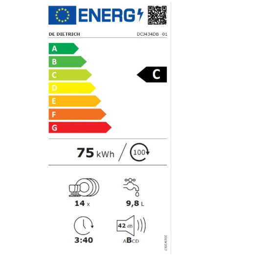 De Dietrich DCJ434DB beépíthető mosogatógép 14 terítékes, inverter motor, 59.8x55x81.5cm, fekete