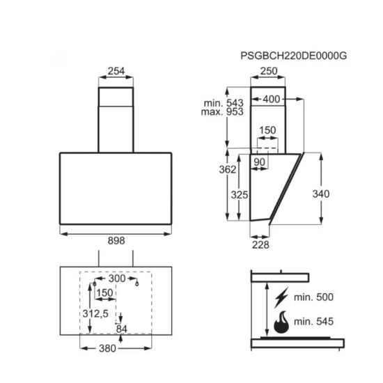 Electrolux LFV439K beépíthető falra szerelhető döntött kürtös konyhai elszívó, 89.8x39.6x95.3 cm, LED világítás, fekete 