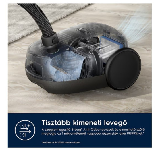 Electrolux EB61A5UG porzsákos porszívó, turbo fej, állatszőr kefe, parketta szívófej, 850W, szürke szín