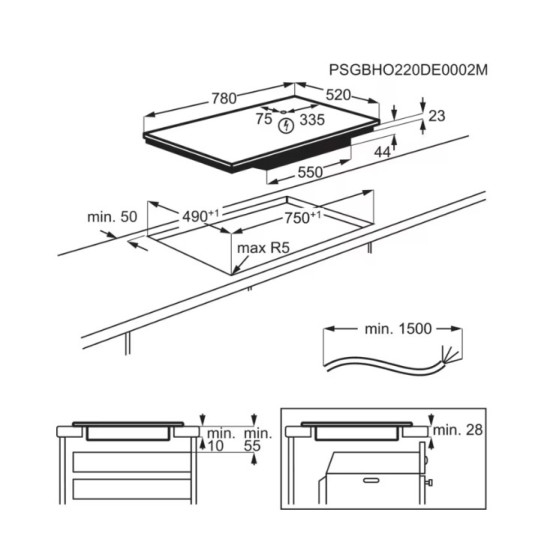 Electrolux EIV84550 beépíthető indukciós kerámialap, Bridge összekapcsolható főzőzónával, fekete, 78x52x4.4 cm 