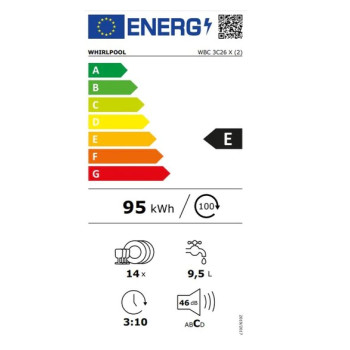 Whirlpool WBC 3C26 X beépíthető kezelőpaneles mosogatógép, 14 teríték, 59.7x57x82 cm, inox  