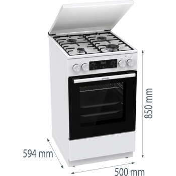 Gorenje GK5C64WH kombinált tűzhely, 70 l, AirFry, hőlégbefúvás, digitális programóra, kihúzható teleszkópos sínpárral, fém dísztető, lassú sütőajtó záródás, 50x59.4x85 cm
