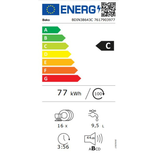 Beko BDIN38643C teljesen beépíthető mosogatógép,16 teríték, 3 kosár, automatikus ajtónyitás, 59.8x55x81.8 cm 