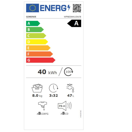 Gorenje WPNEI84A1SW/B elöltöltős mosógép, 8kg, inverter motor, Wifi, gőzfunkció, 60x54.5x85cm, fekete