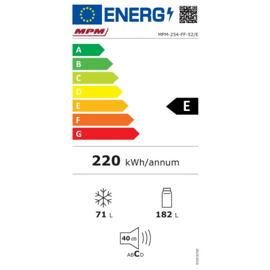 MPM MPM-254-FF-52/E NoFrost fekete alulfagyasztós kombinált hűtőszekrény, 182/71L, 54x60x180 cm, MPM254FF52/E 