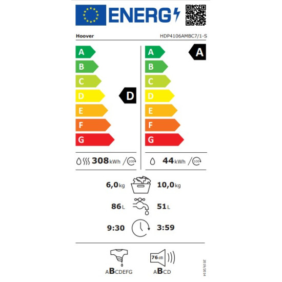 Hoover HDP4106AMBC7/1-S mosó-szárítógép,gőz,10/6kg,inverter motor,60x58x85cm