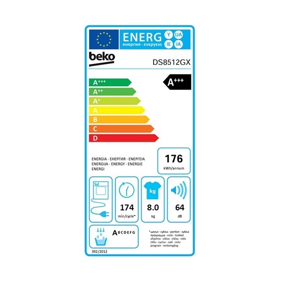 Beko DS8512GX hőszivattyús szárítógép,8kg,ProSmart™ inverteres motor,59.7x59.9x84.6cm 