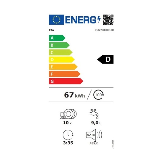 Eta 274890010D keskeny mosogatógép,10 terítékes,inox,44.8x60x84.5cm