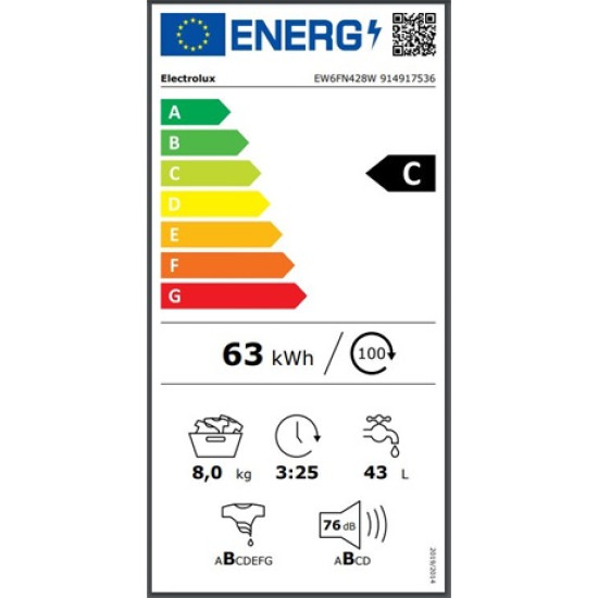 Electrolux EW6FN428W PerfectCare 600 elöltöltős mosógép,inverter motor,8kg,59.6x57.6x84.7cm