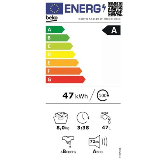 Beko B3WFU584110W elöltöltős mosógép,8kg,ProSmart™ inverteres motor,Wifi,gőzfunkció,60x55x84.5cm