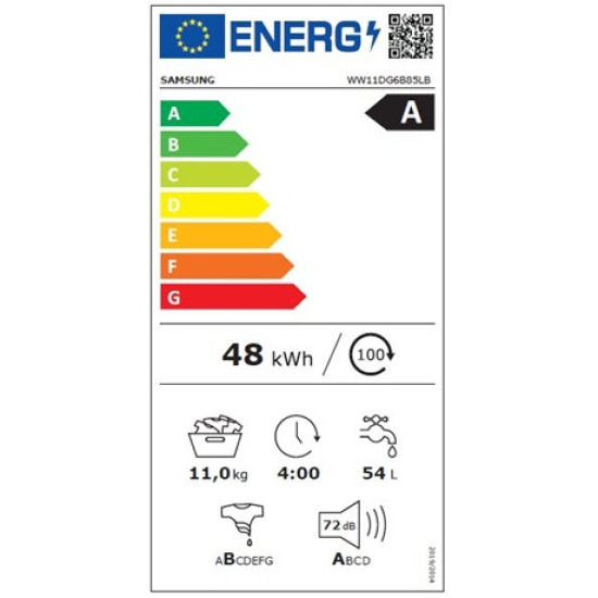 Samsung WW11DG6B85LBU4 elöltöltős mosógép, 11kg, Wifi, gőzfunkció, inverter motor, fekete, 60x64x85cm