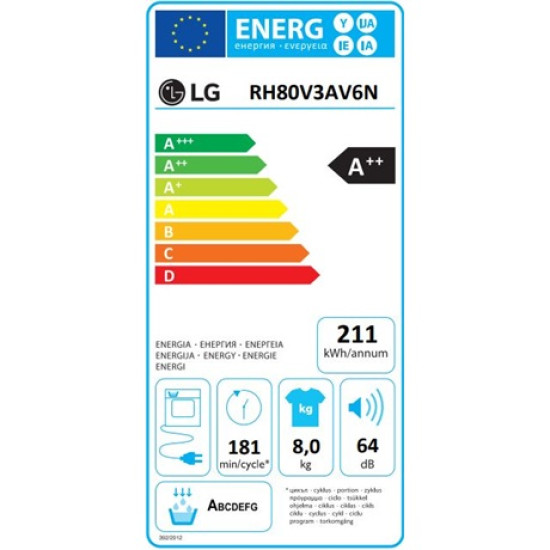 LG RH80V3AV6N hőszivattyús szárítógép,Eco Hybrid™ DUAL inverter motor,automatikus kondenzátortisztítás és ThinQ™ WiFi,8kg,60x66x85cm 