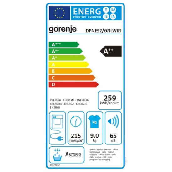 Gorenje DPNE92/GNLWIFI hőszivattyús szárítógép,9kg, Wifi, 60x62.5x85cm 