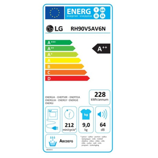 LG RH90V5AV6N hőszivattyús szárítógép,Eco Hybrid™ DUAL inverter motor,automatikus kondenzátortisztítás és ThinQ™ WiFi,9kg,60x66x85cm 