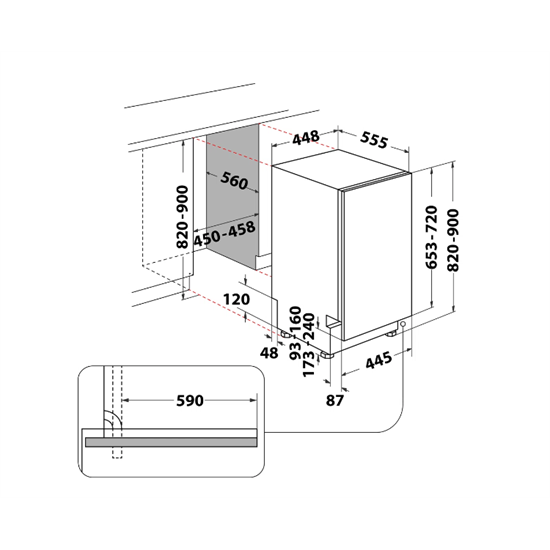 Whirlpool WSIP 4O33 PFE teljesen beépíthető keskeny mosogatógép,10 teríték,44.8x55.5x82cm