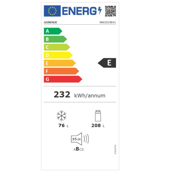 Gorenje NRKI519E41 No Frost beépíthető alulfagyasztós kombinált hűtőszekrény, inverteres kompresszor, 208/76L, 54x54.5x193.2 cm 