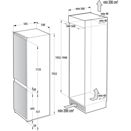 Gorenje NRKI519E41 No Frost beépíthető alulfagyasztós kombinált hűtőszekrény, inverteres kompresszor, 208/76L, 54x54.5x193.2 cm 