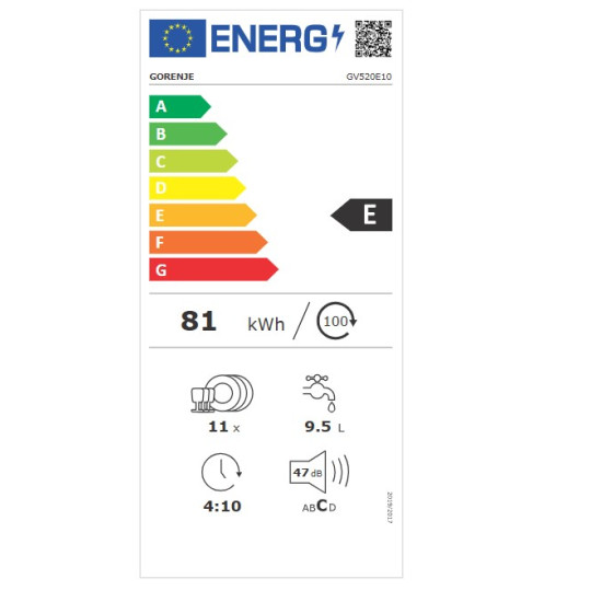 Gorenje GV520E10 teljesen beépíthető mosogatógép, 11 terítékes, 3 kosár, 44.8x55x81.5 cm