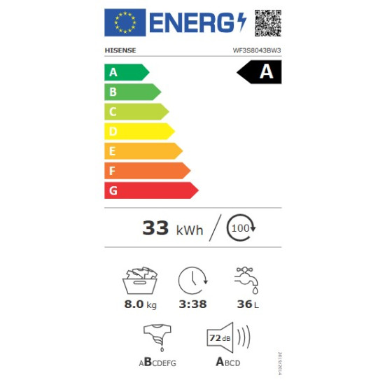 Hisense WF3S8043BW3 elöltöltős mosógép, 8 kg, WIFI, gőz, inverter motor, 59.5x51x84.5 cm 