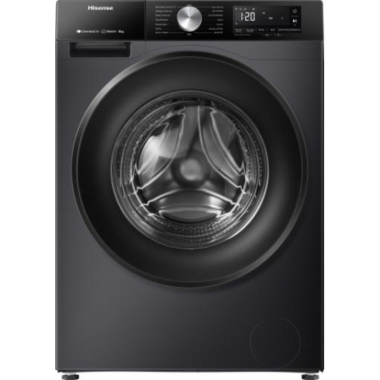 Hisense WF3S8043BB3 elöltöltős mosógép, 8 kg, WIFI, gőz, inverter motor, 59.5x51x84.5 cm, fekete 