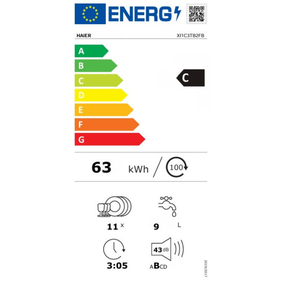 Haier XI1C3TB2FB teljesen beépíthető mosogatógép, 11 teríték, inverter motor, 3 kosár, automatikus ajtónyitás, WIFI, 44.8x57.5x81.6 cm