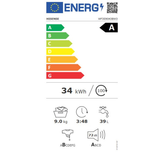 Hisense WF3S9043BW3 elöltöltős mosógép, 9 kg, gőz, WIFI, inverter motor, 59.5x55x84.5 cm