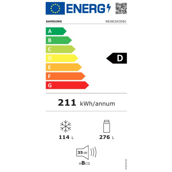 Samsung RB38C603DB1/EF No Frost alulfagyasztós kombinált hűtőszekrény, 276/114L, Digitális Inverter Kompresszor, WIFI, 59.5x65.8x203 cm, fekete szín 