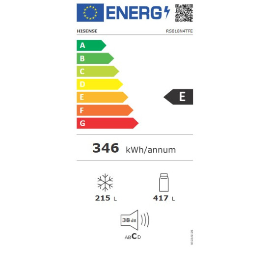 Hisense RS818N4TFE Total No Frost side by side hűtőszekrény, 417/215L, WIFI, inverteres kompresszor, 91x73x179 cm, fekete