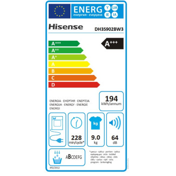 Hisense DH3S902BW3 hőszivattyús szárítógép, 9 kg, WIFI, inverter motor, 59.5x64x84.5 cm 