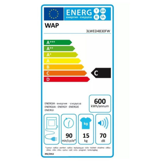 Whirlpool 3LWED4830FW professional légkivezetéses szárítógép 15kg kapacitás, 198L DOB térfogat, tápcsatlakozó nélkül, 74x71x91 cm 