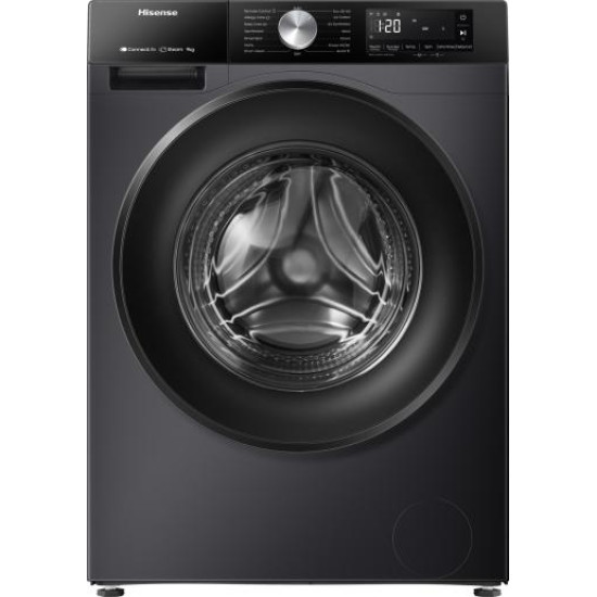 Hisense WF3S9043BB3 elöltöltős mosógép, 9 kg, gőz, WIFI, inverter motor, 59.5x55x84.5 cm, fekete 