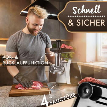 Clatronic FW 3803 húsdaráló, 1000W, fekete/ezüst, 3 fém darálótárcsa finom, normál és durva kezeléshez, 3 mm, 5 mm, 7 mm