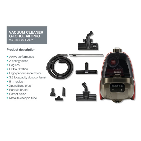 Gorenje VCEA03GAPRACY porzsák nélküli porszívó, 700W , bordó szín 