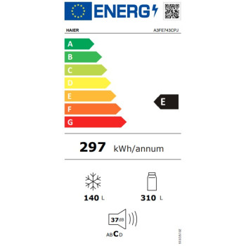 Haier A3FE743CPJ No Frost alulfagyasztós kombinált hűtőszekrény, 310/140L,70x67.5x190.6 cm, platina inox 