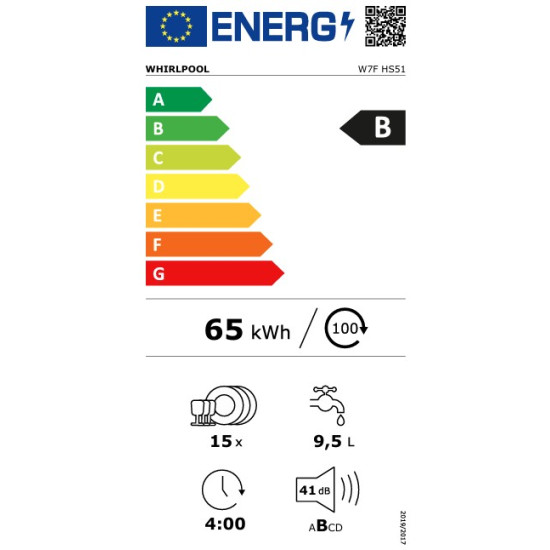 Whirlpool W7F HS51 mosogatógép, 15 teríték, 3 kosár, automatikus ajtónyitás, 60x59x85 cm