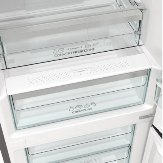 Gorenje NRK619DA2XL4 No Frost Plus alulfagyasztós kombinált hűtőszekrény, inverter kompresszor, 204/96L, 60x59.2x185 cm, szürke metál textúra szín 