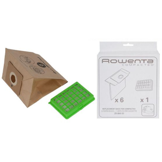 Rowenta ZR004101 6 db papír porzsák, 1 HEPA SZŰRŐ Rowenta Compacteo City Space típusokhoz