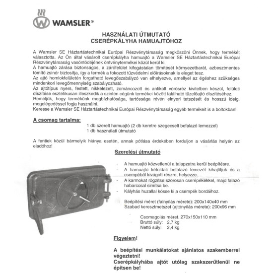 Wamsler cserépkályha hamu ajtó 190023-000