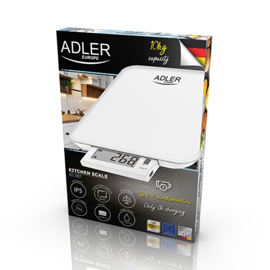 Adler AD3167W konyhai mérleg 10kg - vízálló - USB-s töltés fehér