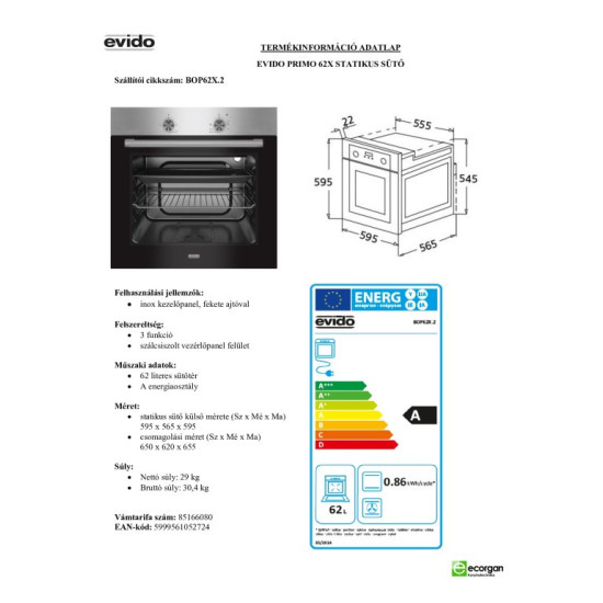 Evido PRIMO 62X inox beépíthető statikus sütő BOP62X.2