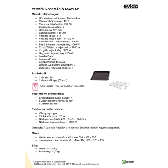 Evido Comfort 60X inox beépíthető sütő BOC6DX.2