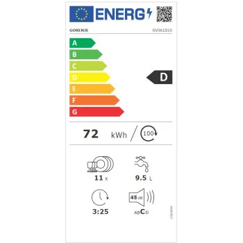Gorenje GV561D10 teljesen beépíthető keskeny mosogatógép, 11 teríték, inverteres motor, 3 kosár, automatikus ajtónyitás, 44.8x55x81.5 cm 