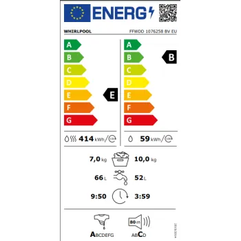 Whirlpool FFWDD 1076258 BV EU mosó-szárítógép 10/7kg, gőz, inverter motor, 59.5x60.5x85cm