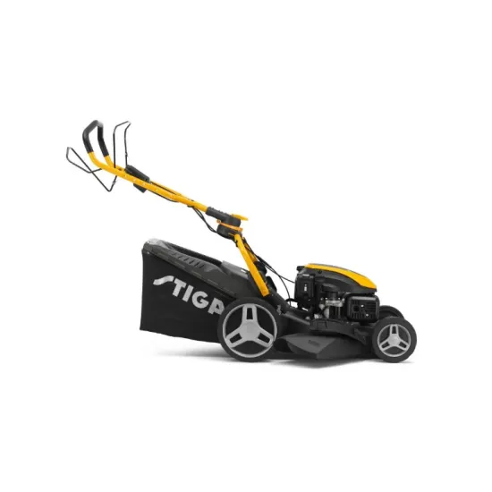 Stiga COMBI 753 SE elektromos indítású önjárós benzinmotoros fűnyíró 4 az 1-ben: gyűjtés, mulcsozás, oldalsó és hátsó ürítés akár 25°-os szögben elfordítható a tolókar – így a sövények alatt és a falak mentén is nyírhat