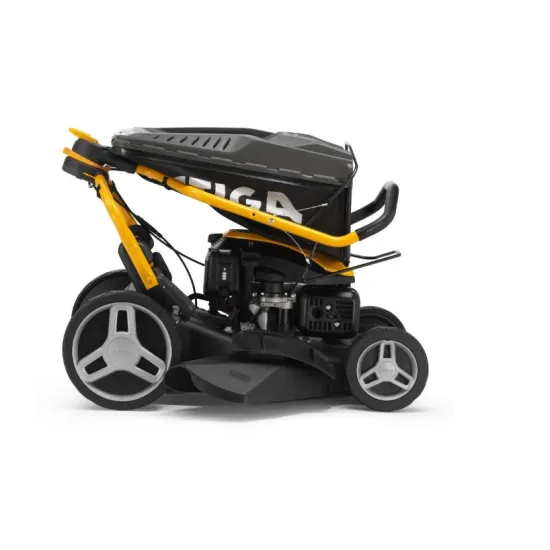 Stiga COMBI 748 SE elektromos indítású önjárós benzinmotoros fűnyíró 4 az 1-ben: gyűjtés, mulcsozás, oldalsó és hátsó ürítés akár 25°-os szögben elfordítható a tolókar – így a sövények alatt és a falak mentén is nyírhat