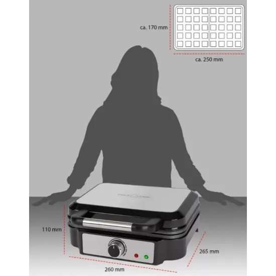 ProfiCook PC-WA 1240 inox gofrisütő, négyzet alakú nagy sütőfelülettel 